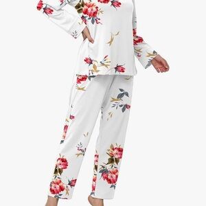 White and Pink Floral Pajama Set with Relaxed Fit New with Tags